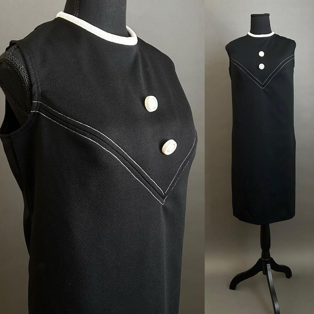 Vintage 1970s Mod Black Sleeveless Sheath Dress, Large